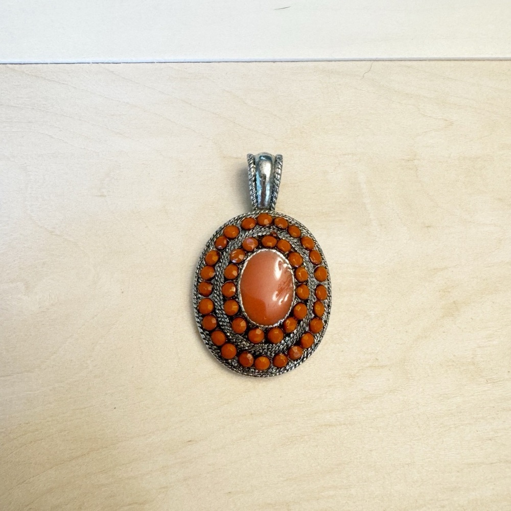 Silver Tone Oval Coral Rhinestone Pendant Vintage